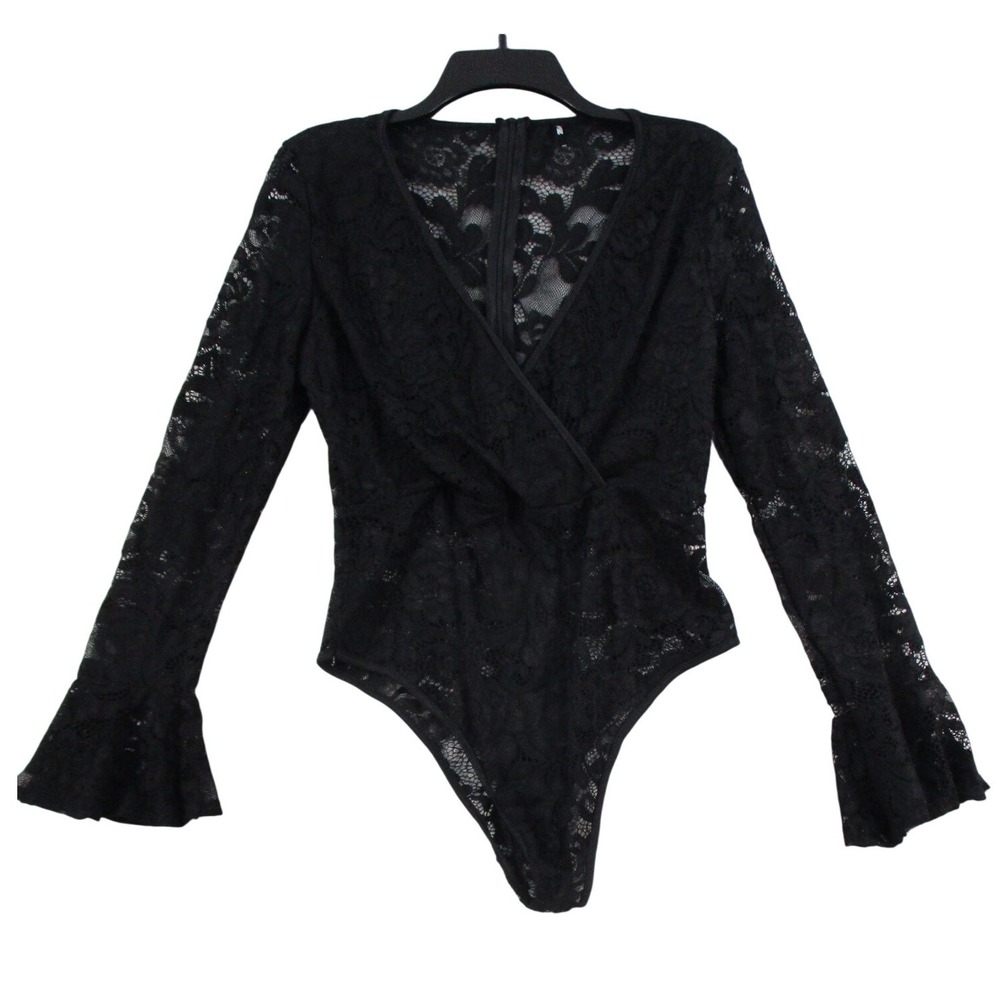 Melody Black Lace V-Neck Long Sleeve Bell Cuff Bodysuit CHT276795 Mens M